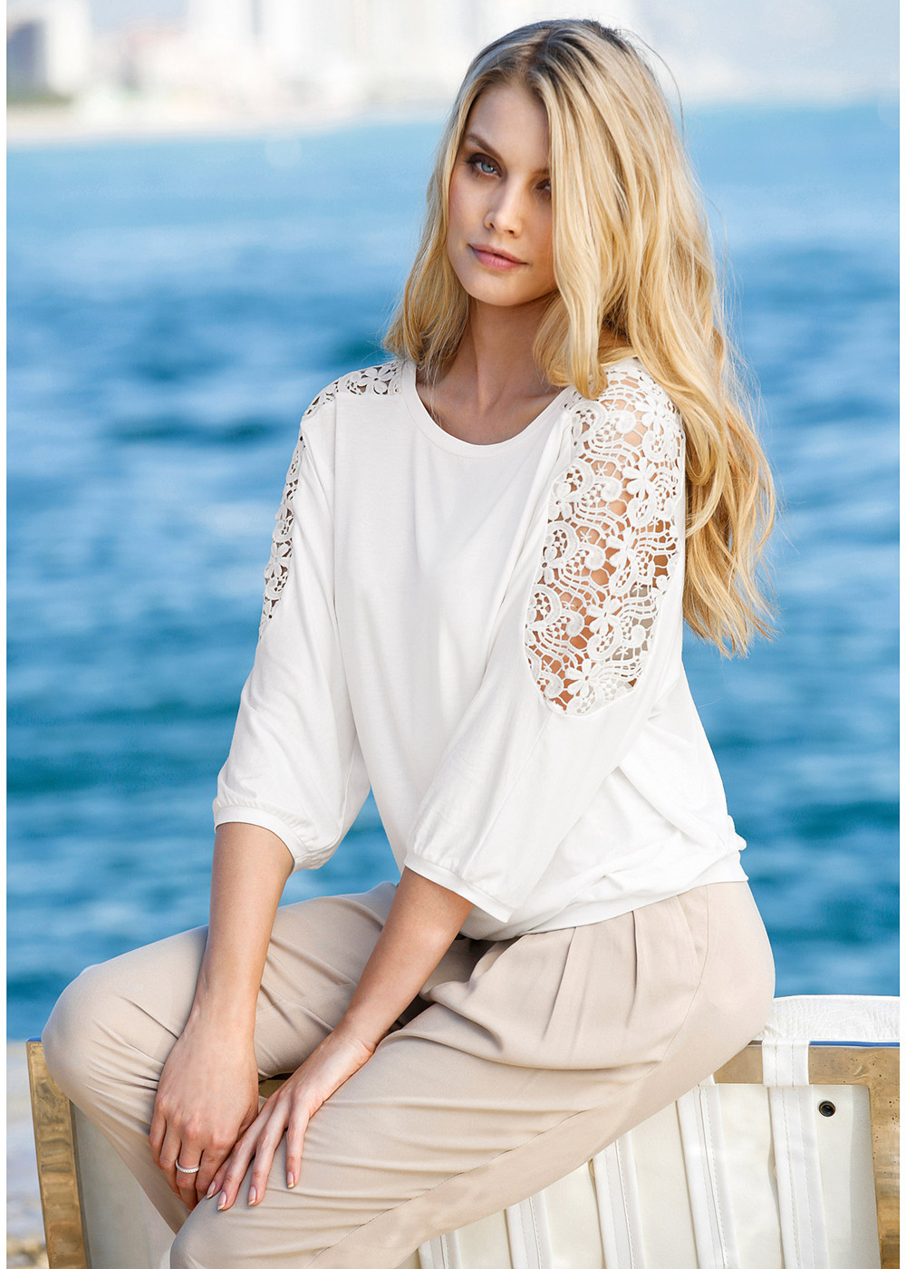 F2489 White Blouse Women Work Wear Lace Insert Sleeve Cotton Tops